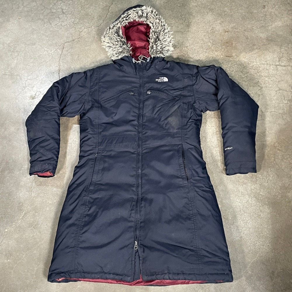 The North Face Women's Large HyVent Fur Hood Jacket Down Long Parka Black Faux